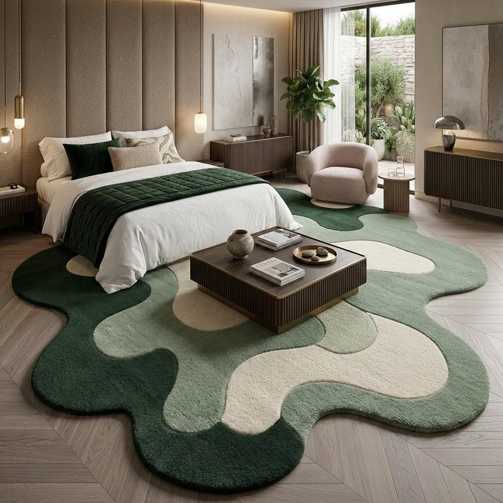 Abstract Rust Orange Beige Wavy Tufted Rug