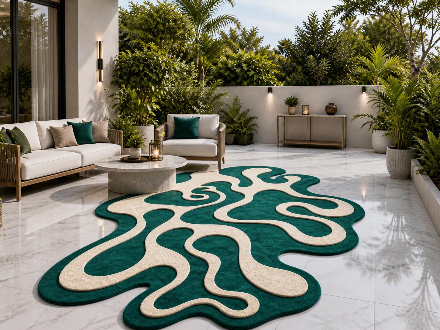 Abstract Green Cream Freeform Tufted Rug
